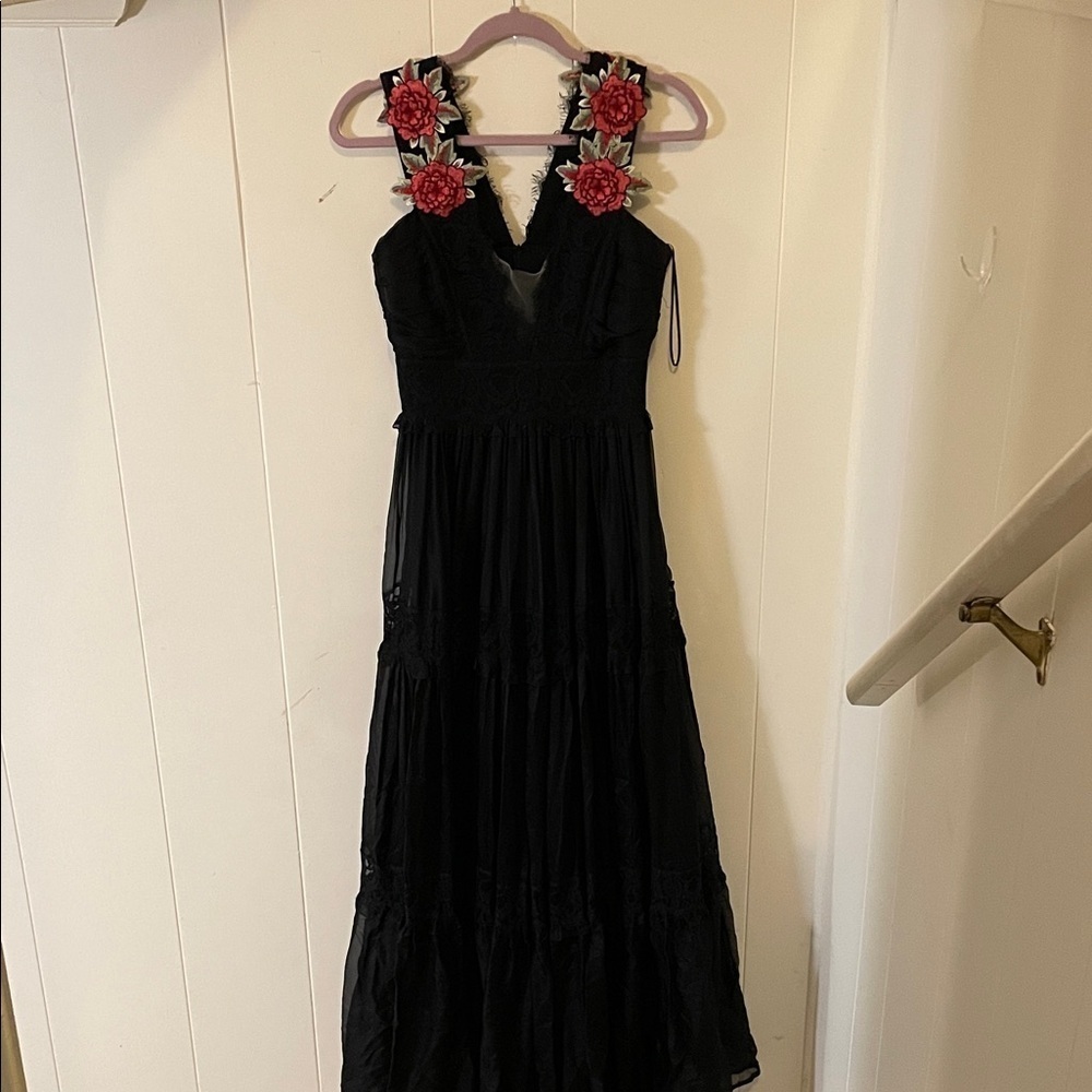 Philipp Plein Couture Watts Polina Black Silk Appliqué Strap Lace Maxi Dress